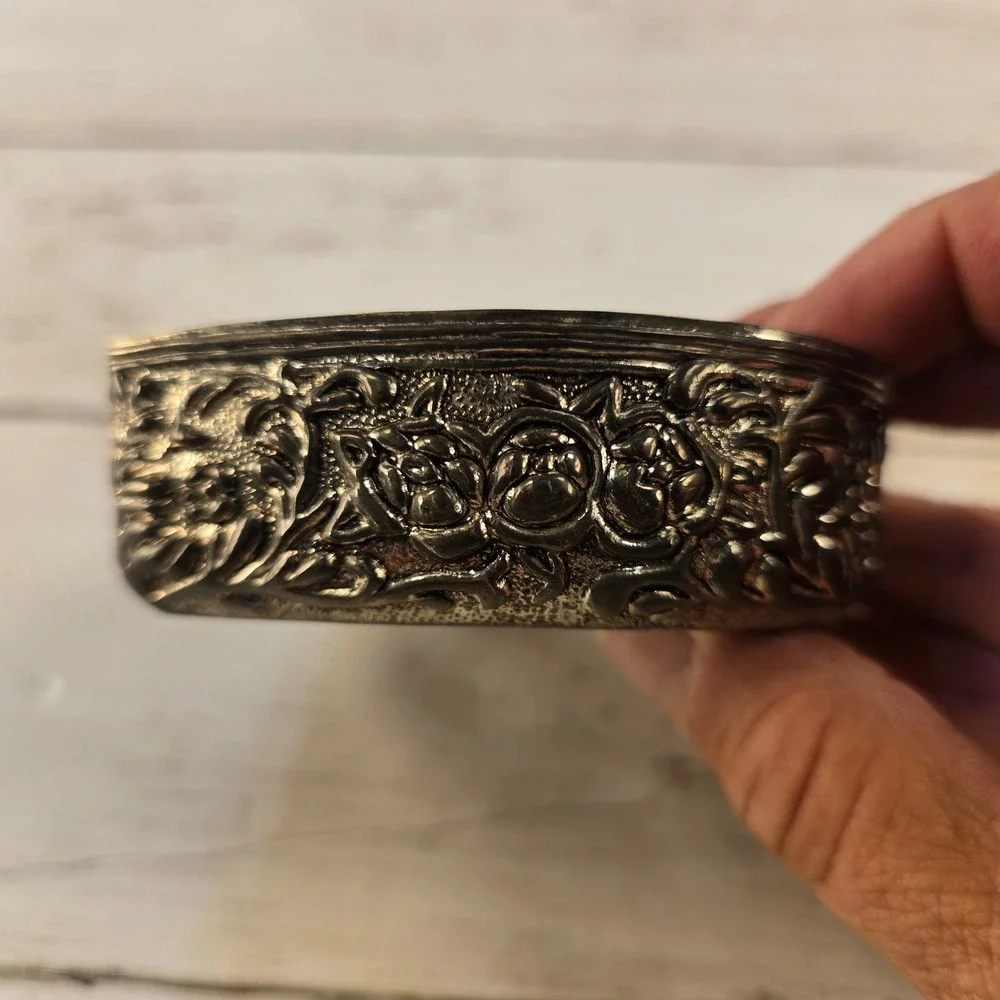 Heritage Mint Silver Tone Heart Shaped Trinket Box Burgundy Velvet Lining Floral
